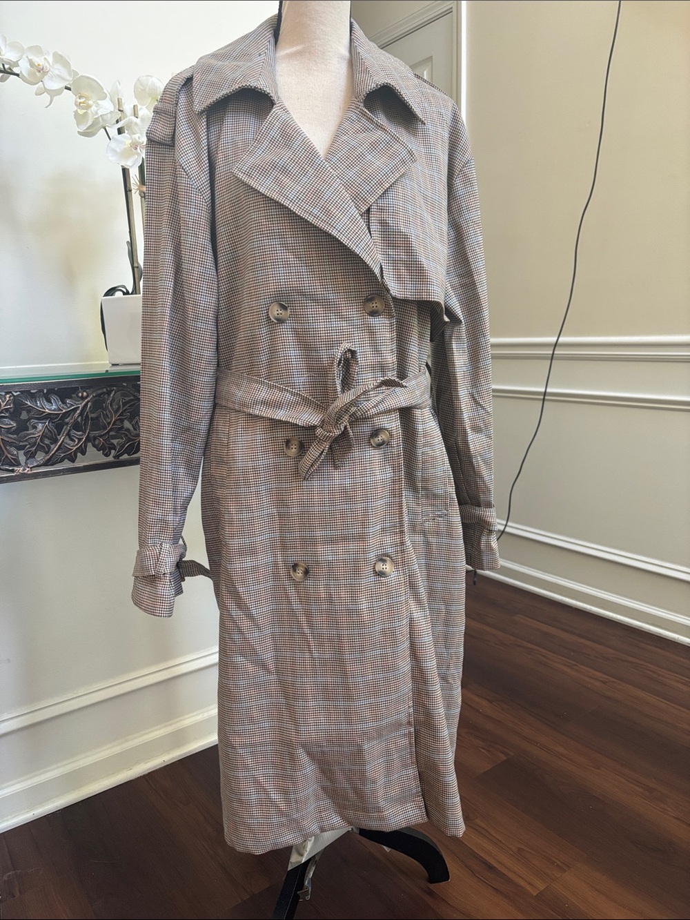 Boohoo Brown Multi Plaid Double-Breasted Trench Coat